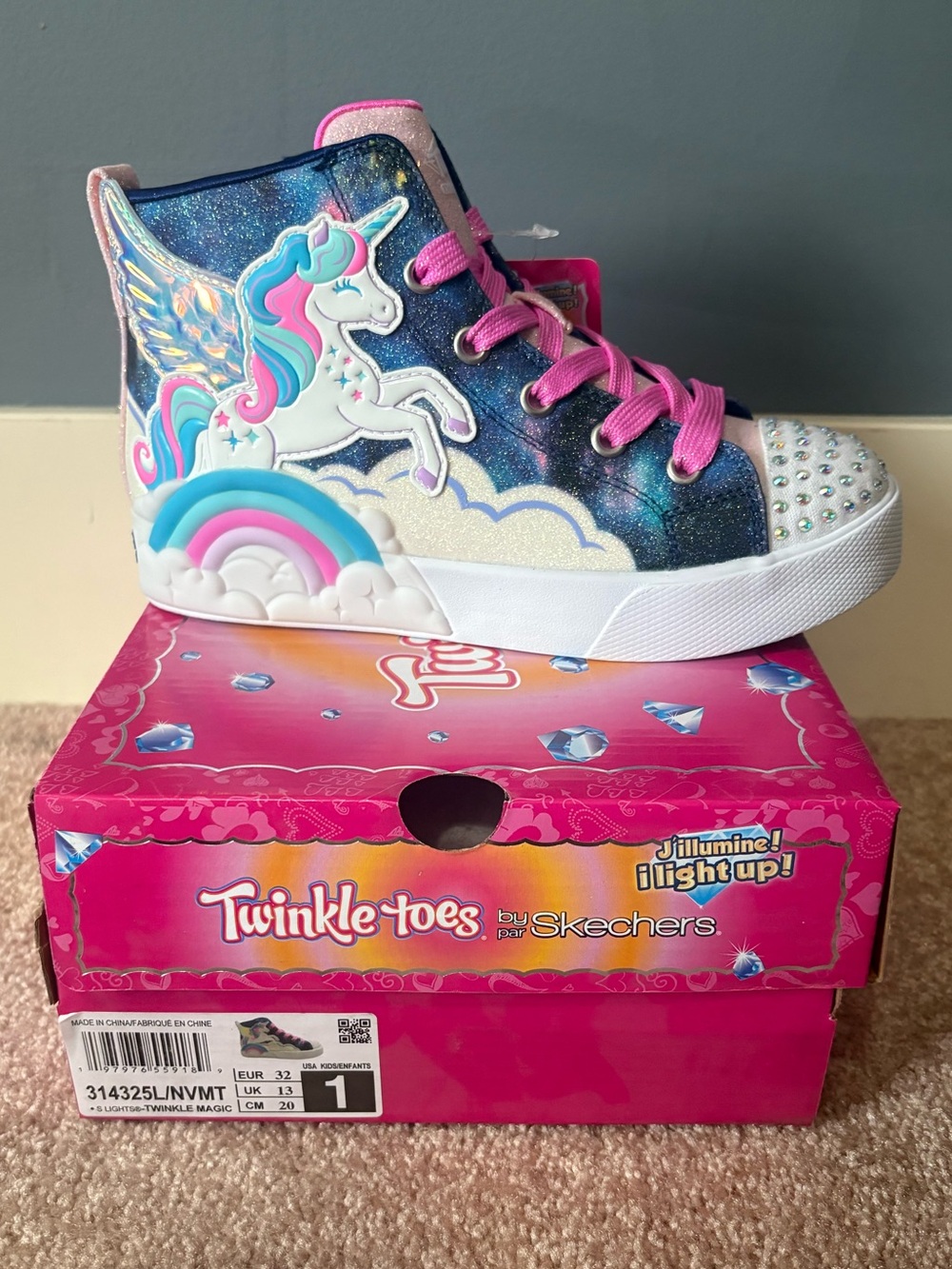 🦄 Skechers Twinkle Toes Unicorn Light-Up High Tops – Kids Size 1